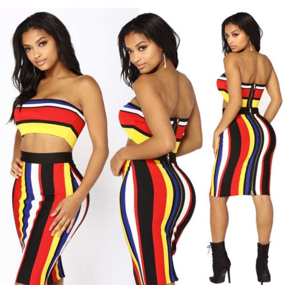 Fashion Nova M Colorful Striped Two-Piece Set - Red, Yellow, Blue, Black, White - Picture 3 of 3